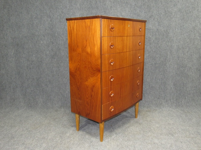 Danish Modern Rounded Front Teak Chest of Drawers with Drawer Lock Key
