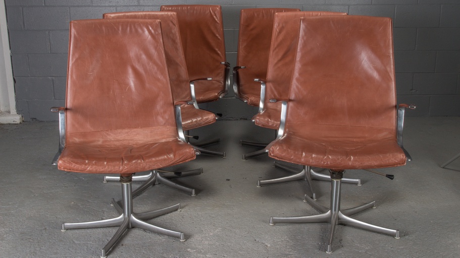 Set of 6 Armchairs in Chrome and Cognac Leather by Walter Knoll