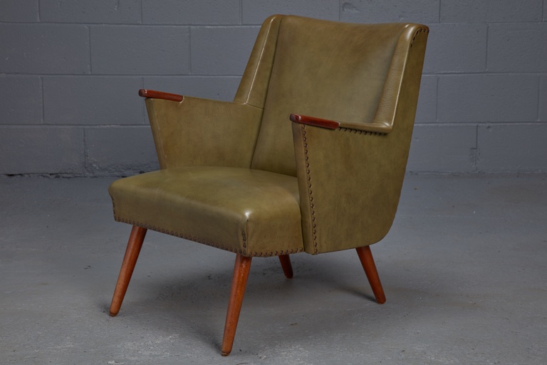 Danish Modern Lounge Chair in Green Leatherette with Teak Paws