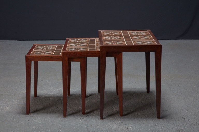 Set of 3 Rosewood and Tile Danish Modern Nesting Tables