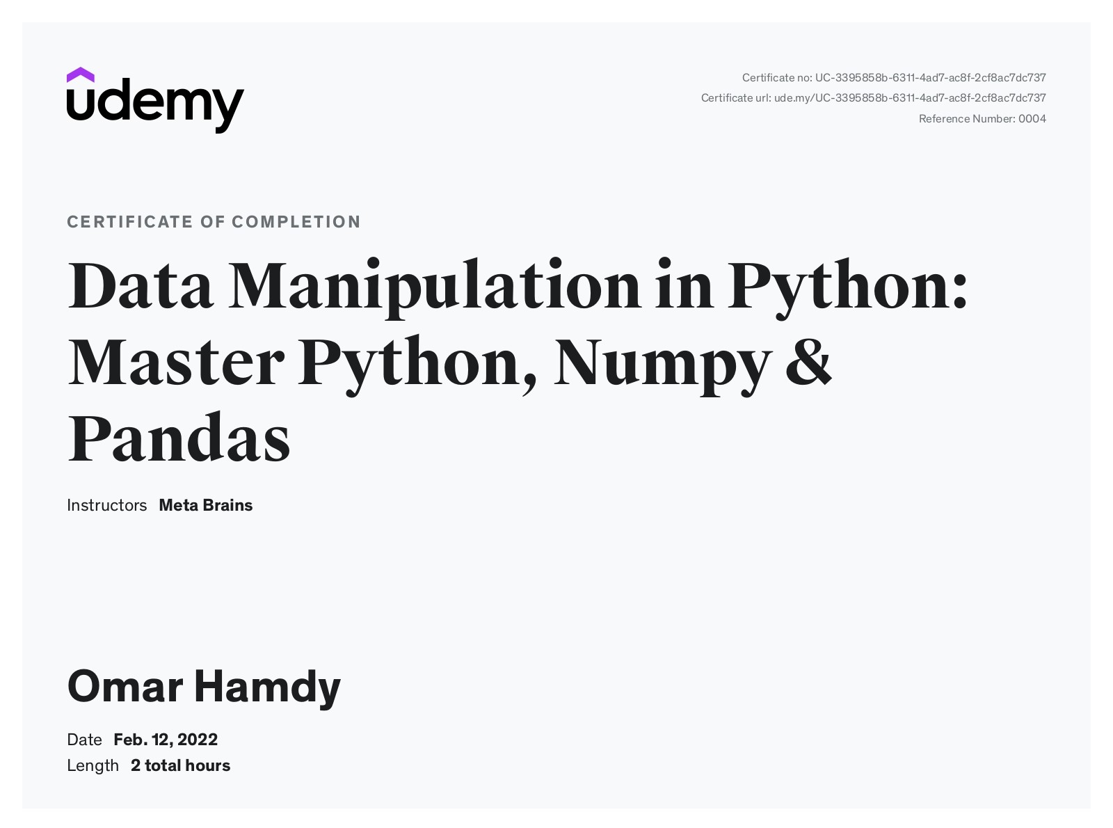 Python Data Manipulation Certificate - Udemy image}