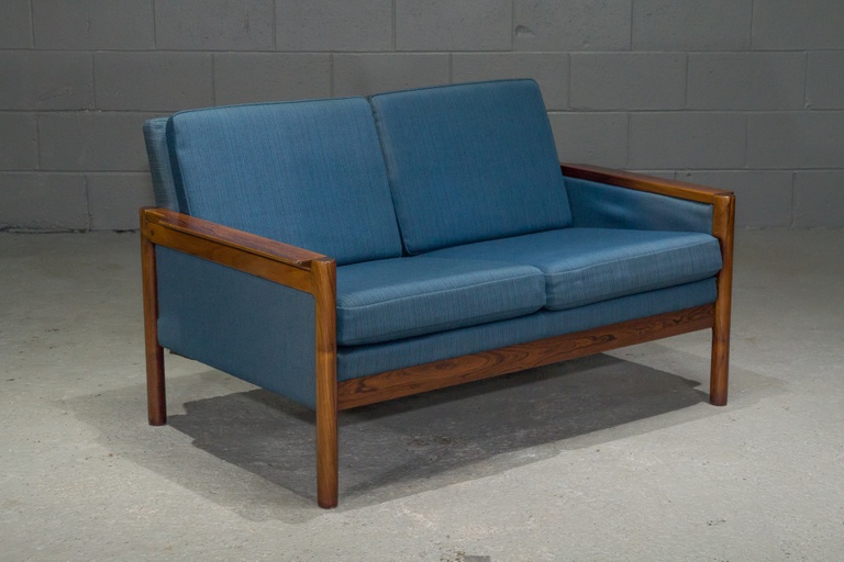 Danish Modern Rosewood Settee with Blue Textile