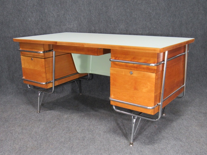 1950s Mid-Century Maple and Chrome Timeline Desk by Kem Weber for Heywood Wakefield