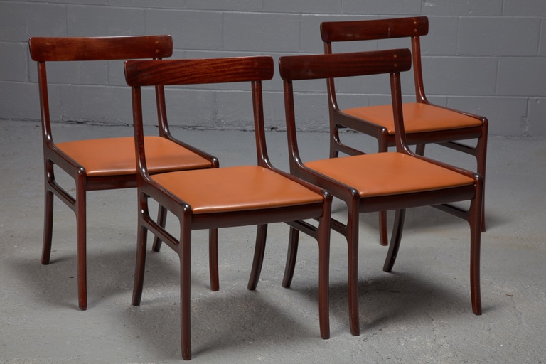 Set of 4 Mahogany Rungstedlund Dining Chairs in Cognac Leather by Ole Wanscher