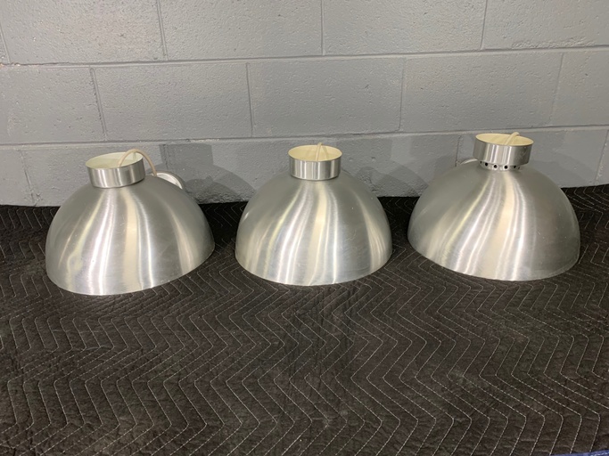 Three Spun Aluminum Mid-Century Style Round Hanging Lights