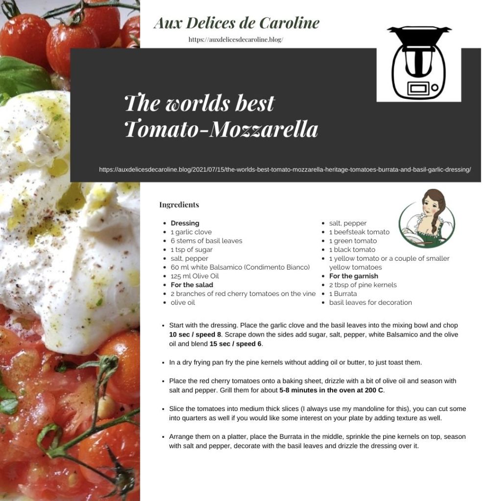 The worlds best Tomato-Mozzarella: Heritage tomatoes, Burrata and Basil-Garlic Dressing (traditional & Thermomix)