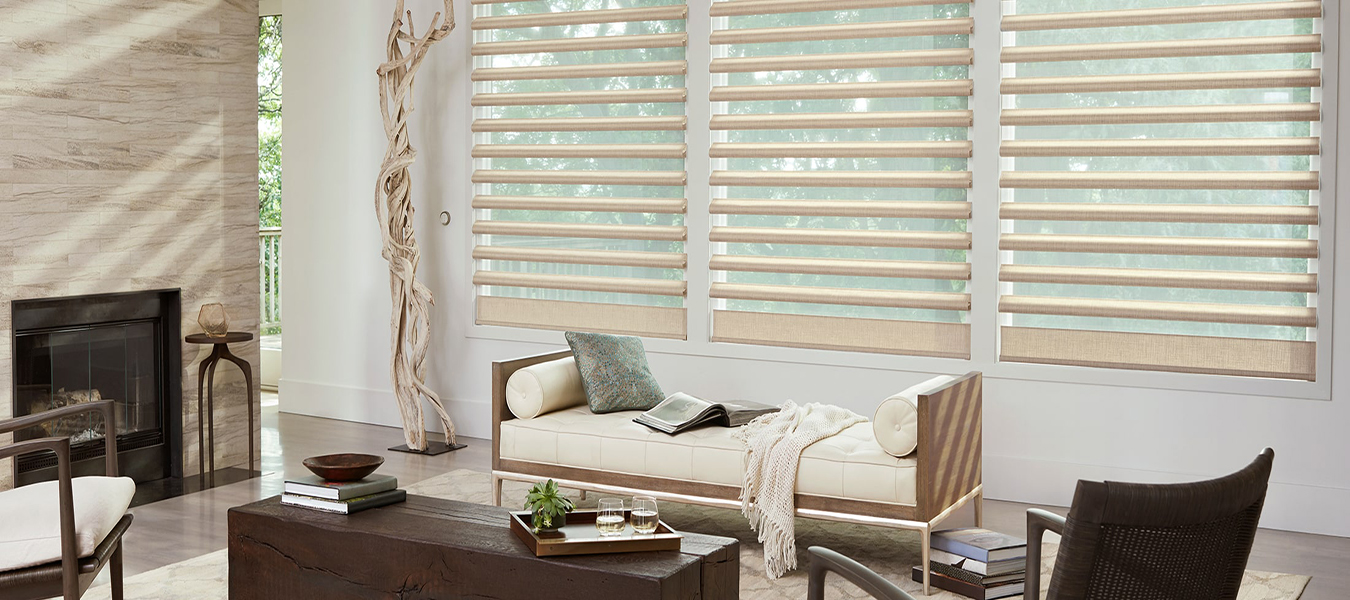 gold window shades in living room All Window Decor (817) 448-3393