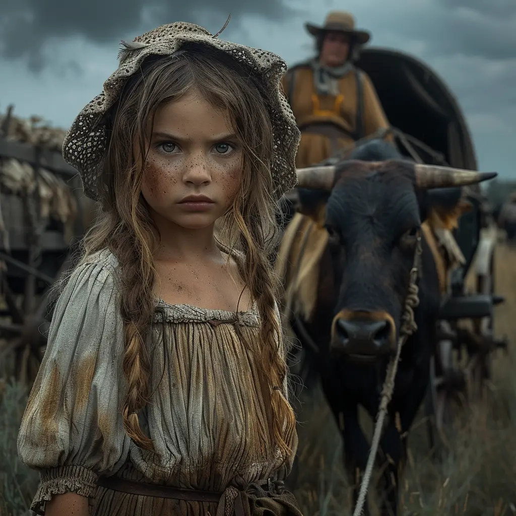 Bird's-eye view of wagon train crossing vast prairie, zooming to reveal young girl hiding in covered wagon.