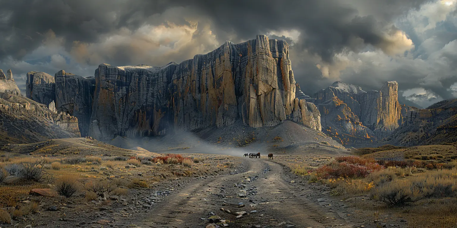 Oregon Trail wagon train crosses mountain pass at sunset, autumn foliage on rugged peaks, challenging terrain ahead.