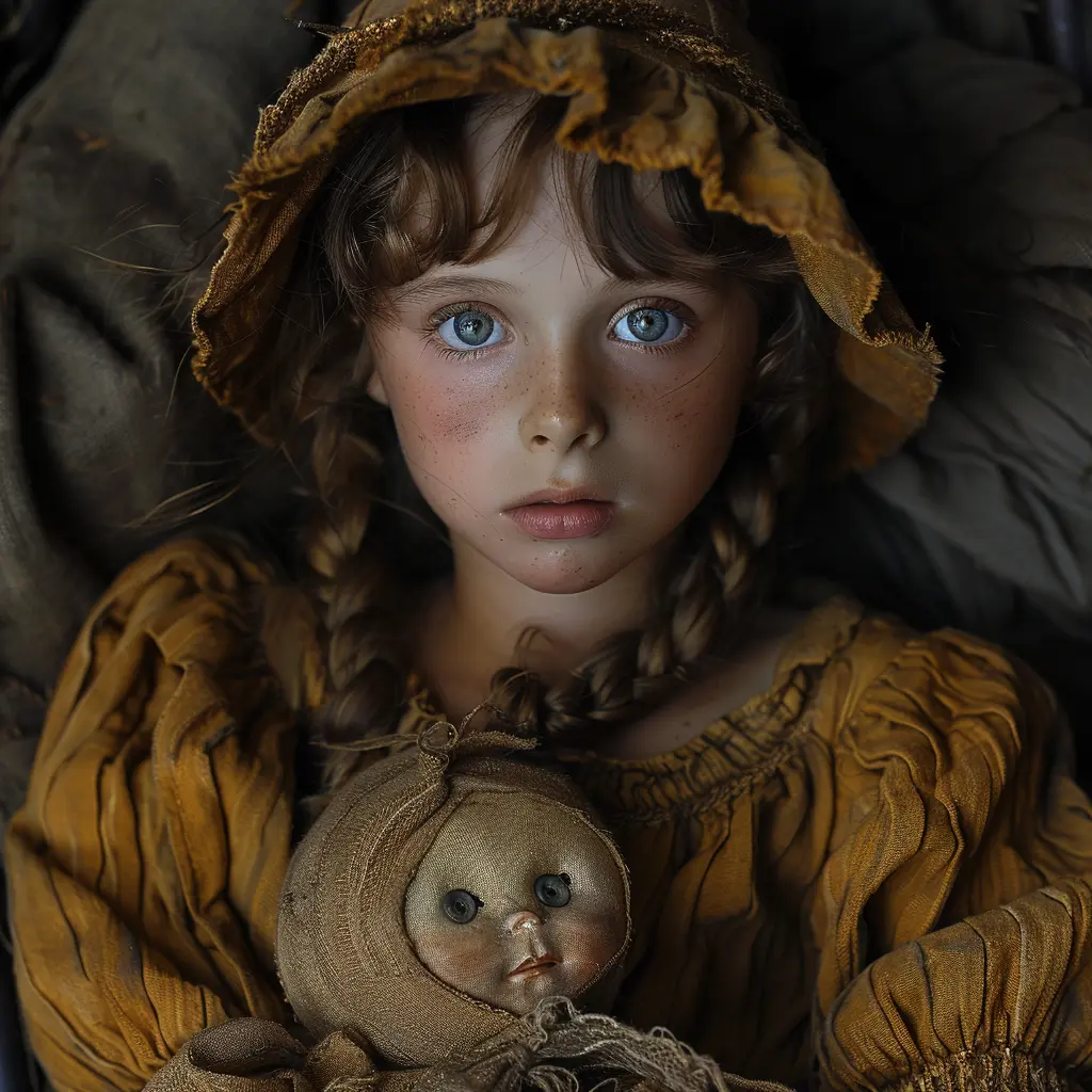 Young girl in wagon clutching tattered doll, face etched with worry despite laughter around her, feeling anxious