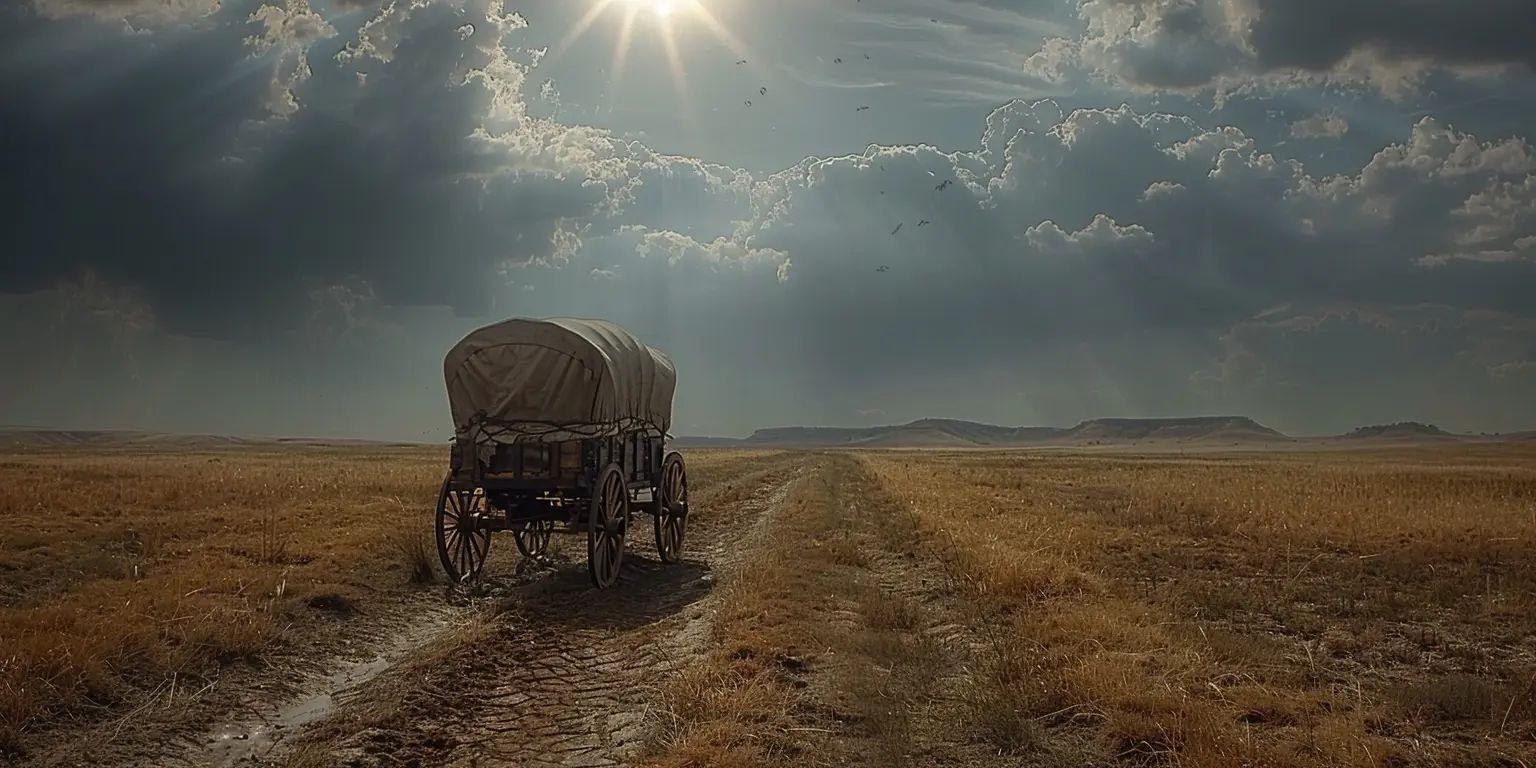 Prairie landscape with Oregon Trail wagon ruts, tall grass swaying in breeze, distant hills on horizon