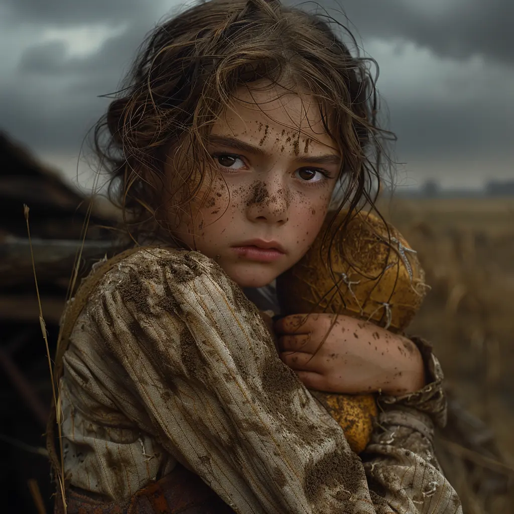 Young girl clutching doll in covered wagon, face etched with sorrow yet a glimmer of hope, amidst the hardships of the Oregon Trail journey.