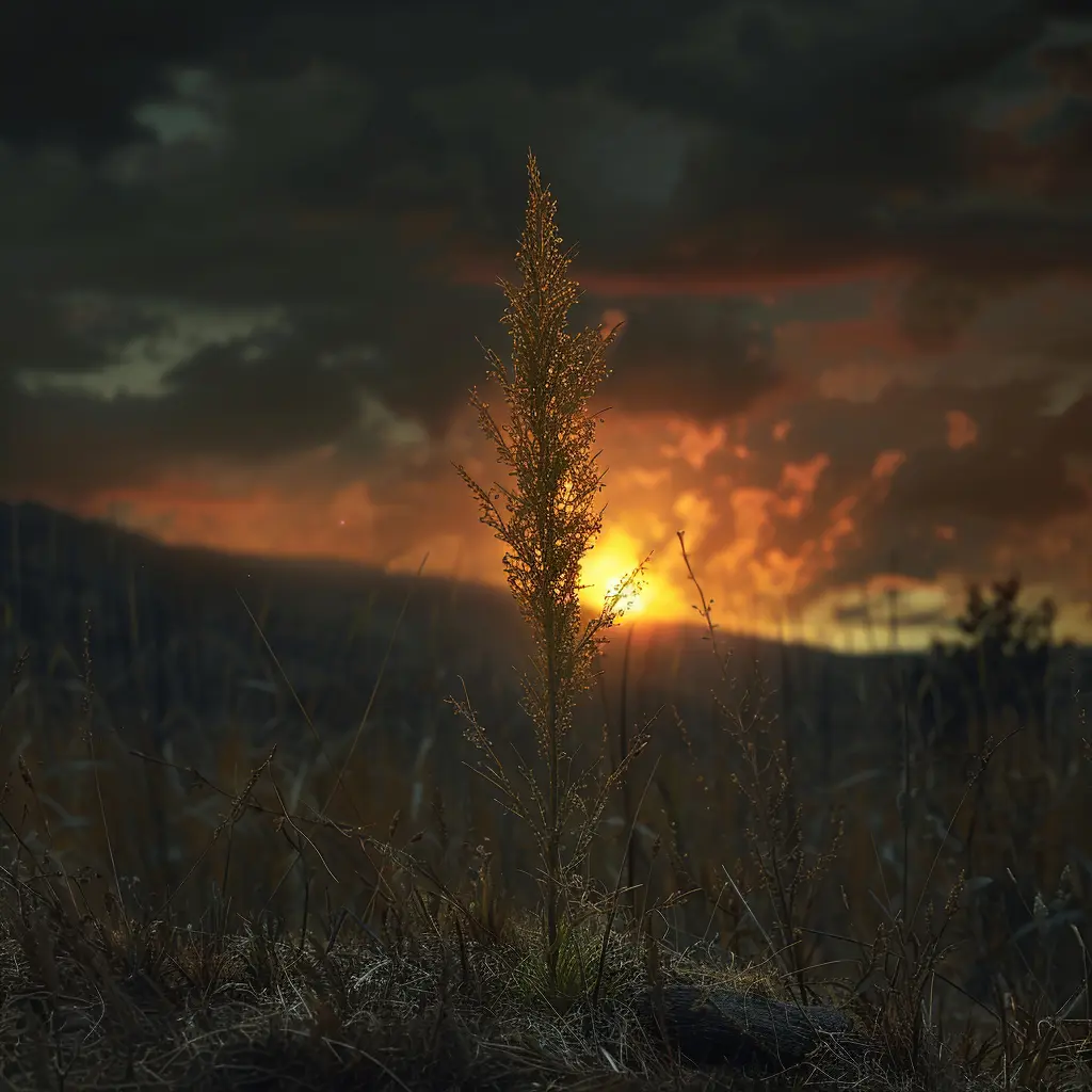 Lone prairie grass blade with seedhead swaying in evening breeze, backlit by golden sunset over vast landscape.<br>