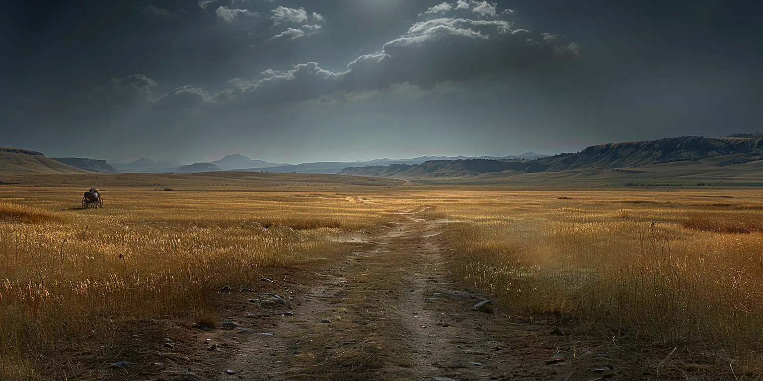 Sun-drenched prairie with Oregon Trail cutting through, wagon train in distance, blue sky and distant hills