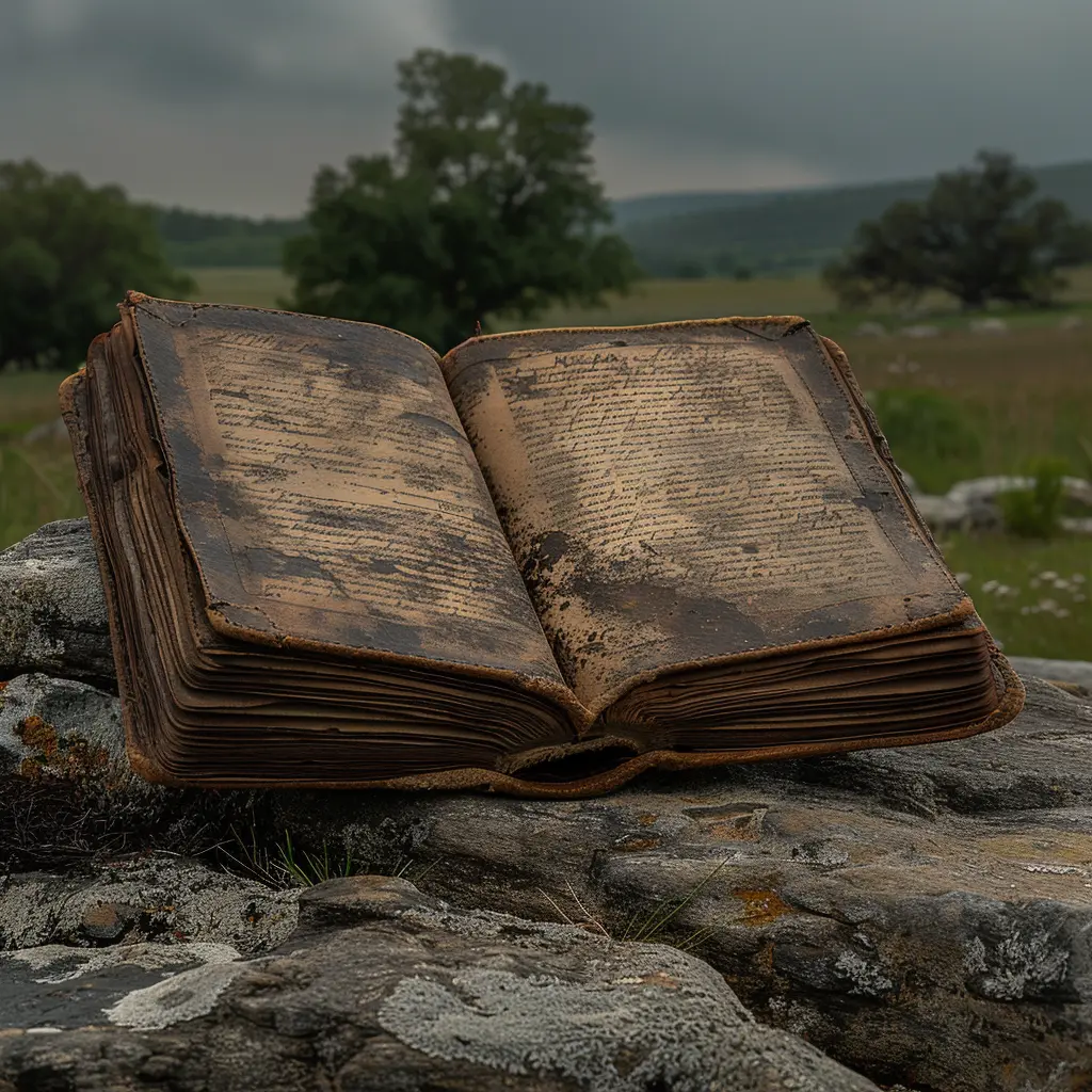 Open leather journal on rock, pages with sketches and pressed flowers, prairie scene, pioneer journey west