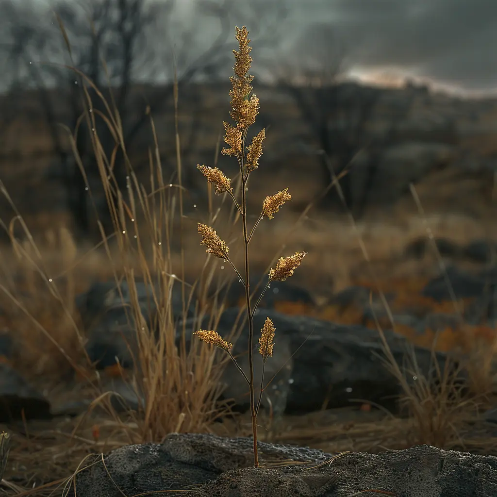 Lone prairie grass blade at sunset, casting long shadow. Dew drops glisten as it sways in breeze.