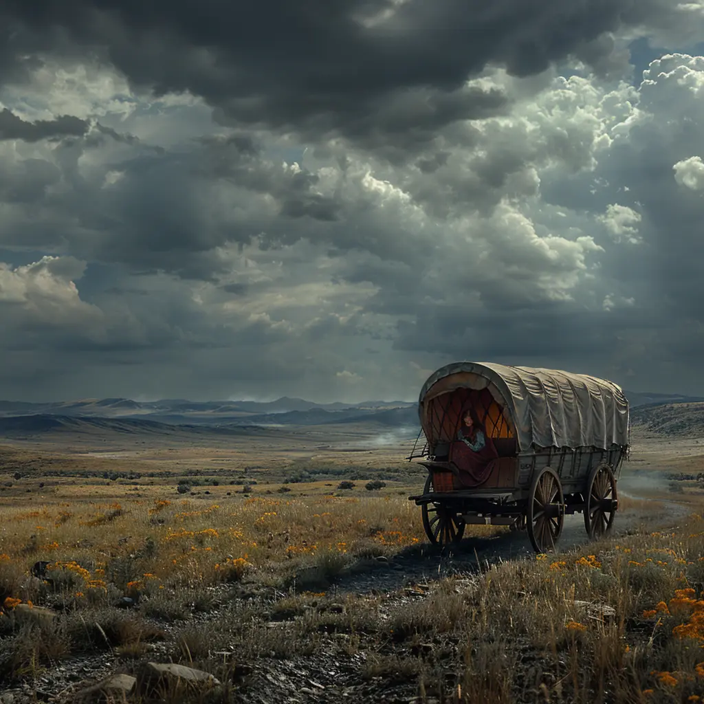 Young girl crying in a covered wagon, comforted by a woman's embrace, wagon train crossing prairie in background.