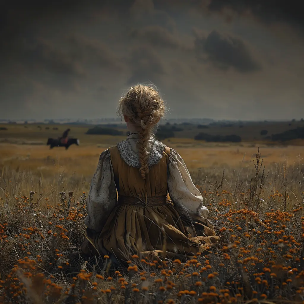 Aerial view of prairie with lone wagon train. Close-up of girl in calico dress sitting at back of covered wagon.