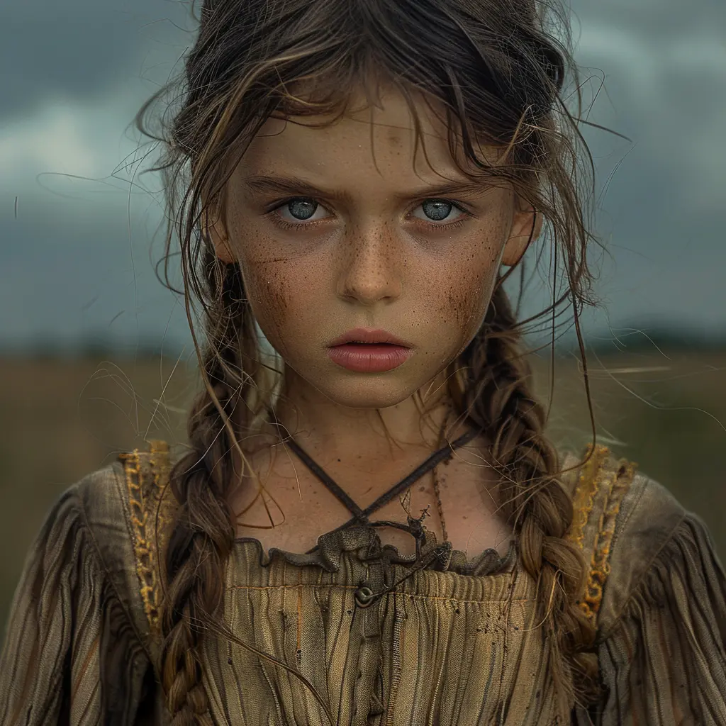 Tearful 12-year-old girl in 1800s dress, looking conflicted and tense against prairie backdrop on Oregon Trail