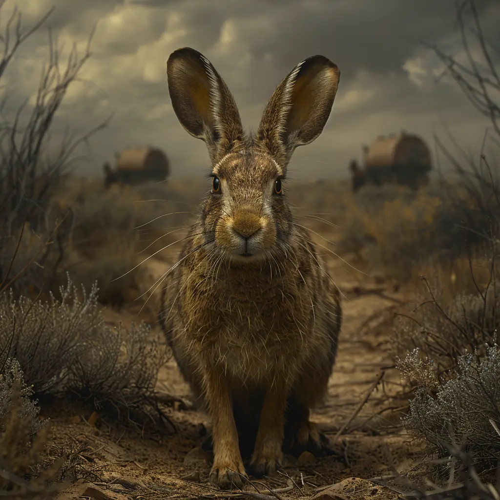 Dusty trail in harsh sun, jackrabbit watches wary as wagon train lumbers past in pioneer journey through unforgiving landscape.