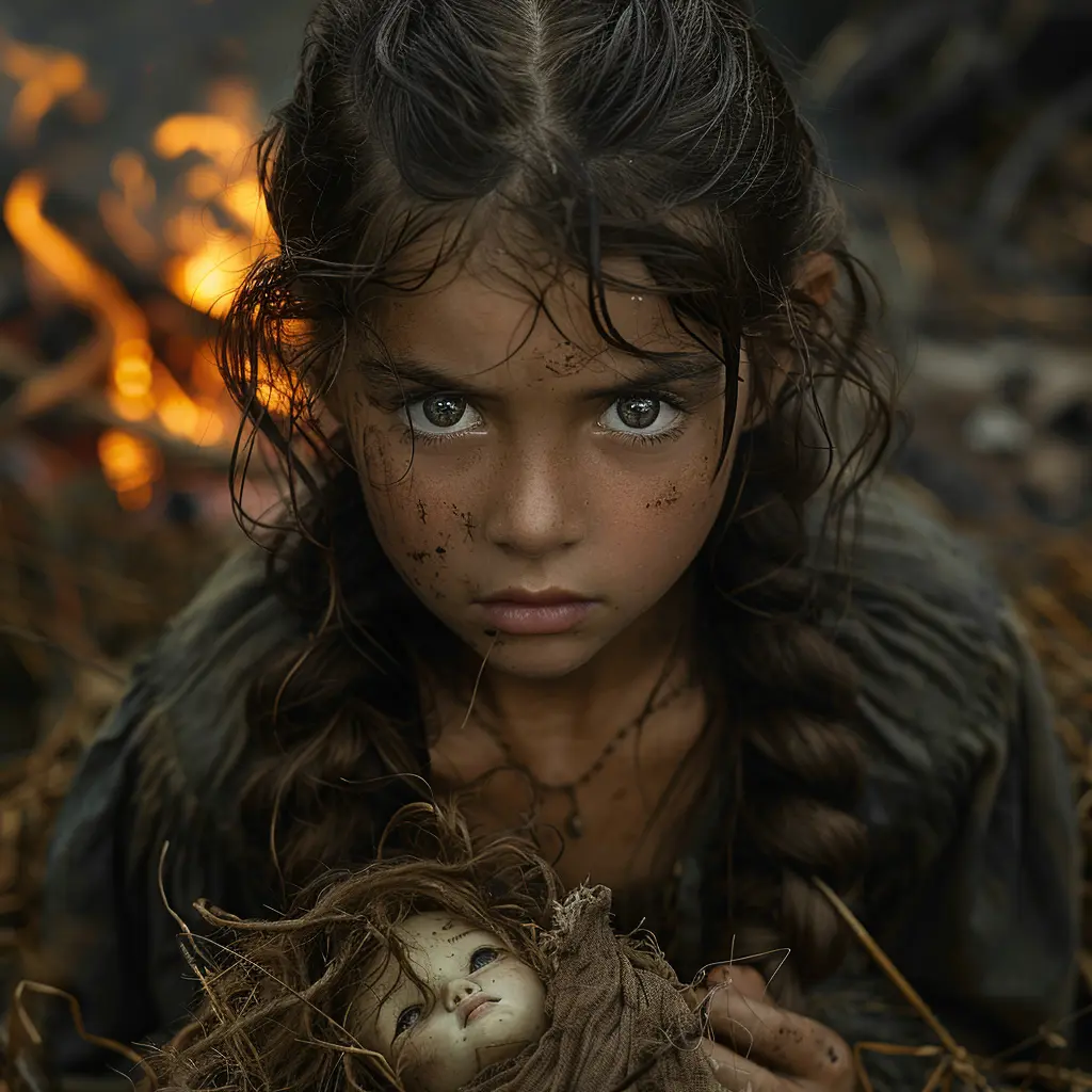 Young gaunt girl clutches doll, haunted eyes betray wariness beyond years, flinching at sounds amid dread and illusion of safety.<br>