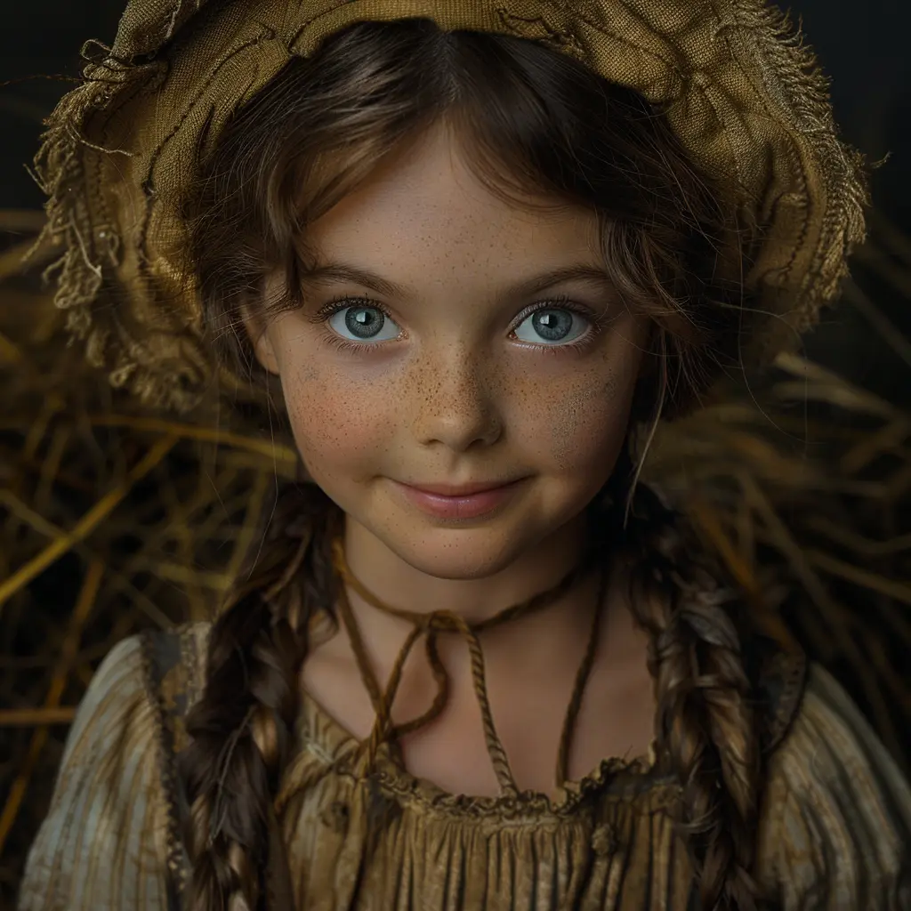 Smiling 10-year-old pioneer girl with bright eyes, sun-kissed cheeks, and worn bonnet, radiating joy and hope.