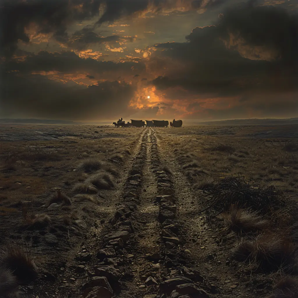 Bird's-eye view of wagon train crossing vast prairie at sunset, with young girl standing alone in foreground.