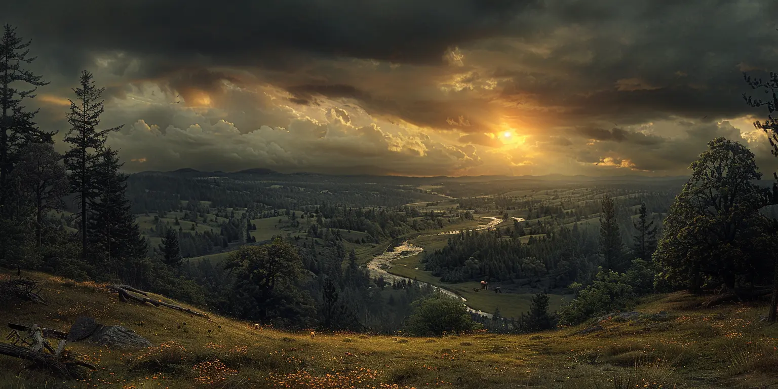 Golden sunset over Willamette Valley meadows and fir-lined river greets pioneers after arduous journey.