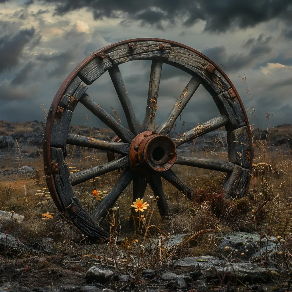 Weathered wagon wheel in prairie grass, rusted rim, splintered spokes. Small flower grows through crack, symbolizing hope.