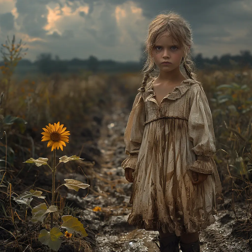 Young Sarah glares despondently at wilting sunflower by rutted wagon track, dust motes swirling in silence<br>