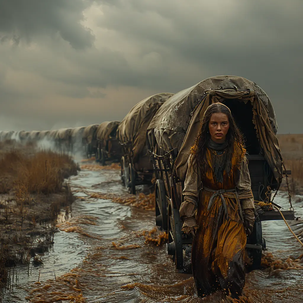 Bird's-eye view of wagon train approaching river. Close-up on one wagon with 12-year-old Sarah peering out anxiously.