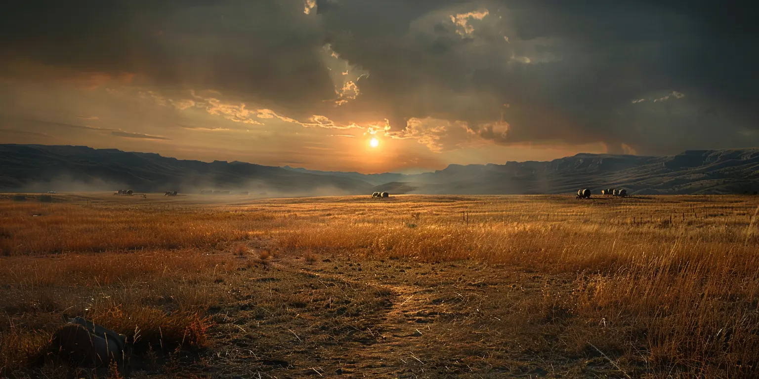 Vast prairie at sunset with Oregon Trail ruts visible, covered wagons in distance moving across golden grassland