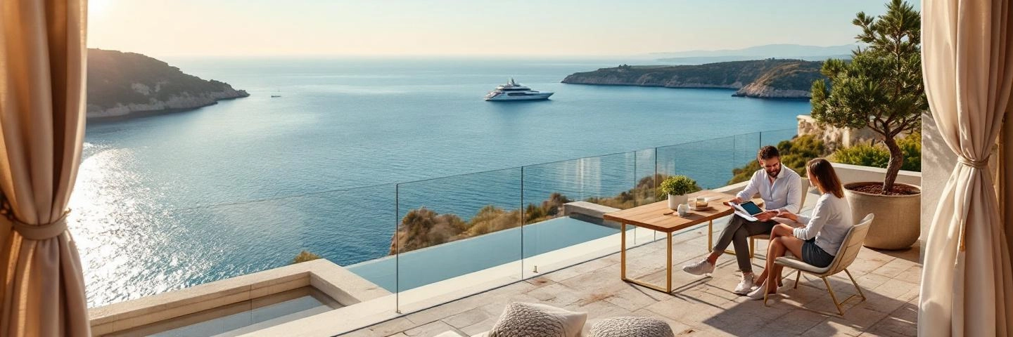 Agent et client sur terrasse d'une villa de prestige face à la Méditerranée au coucher de soleil