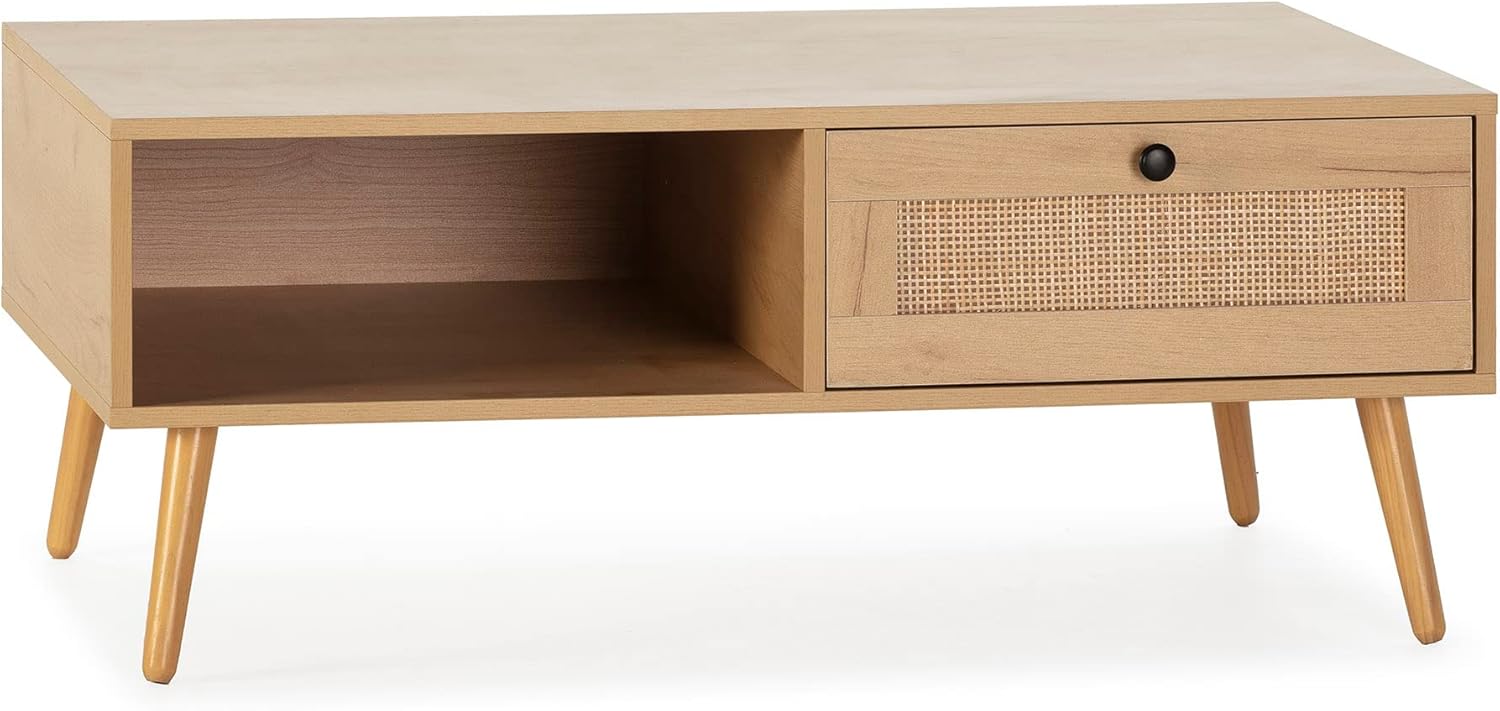 Mesa Centro Bella 1 cajón Color Roble con ratán Natural