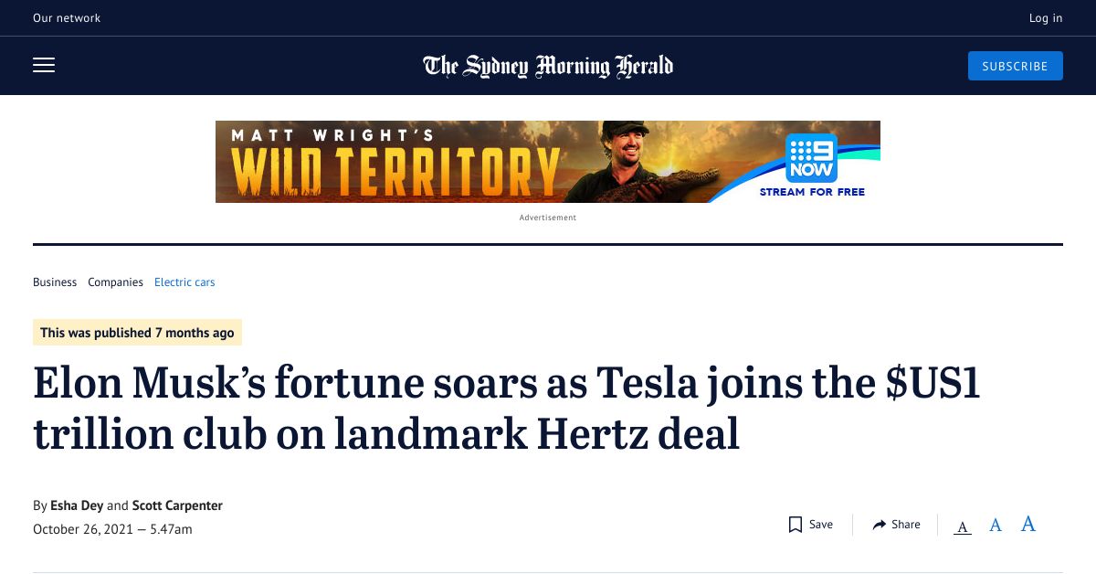 Elon Musks fortune soars as Tesla joins the US1 trillion club on landmark Hertz deal