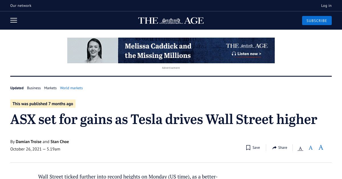 ASX set for gains as Tesla drives Wall Street higher