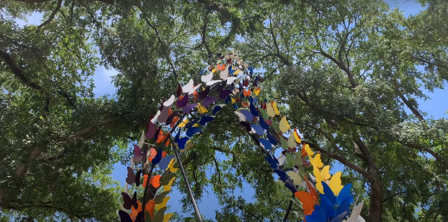 Colorful butterfly sculpture at the Grapevine Botanical Garden in Grapevine, TX