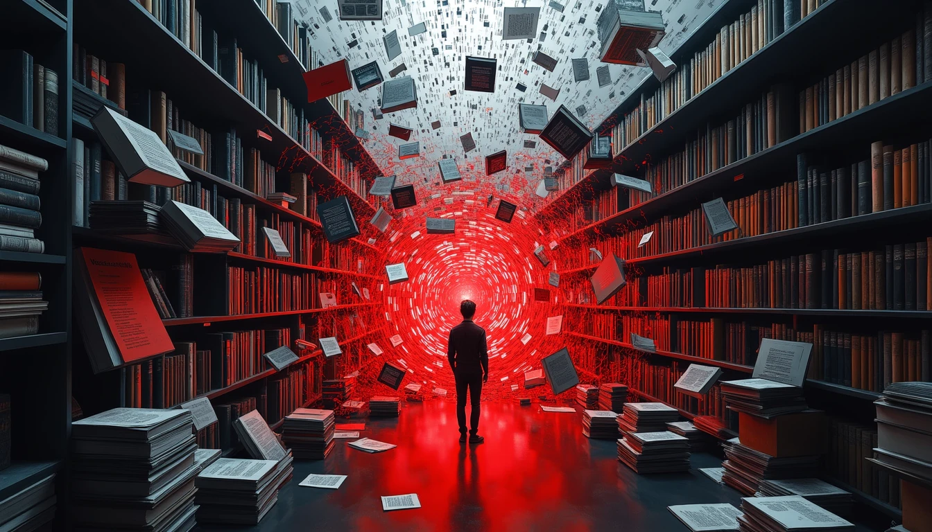 Human amid floating books, neural networks visualizing AI's learning potential