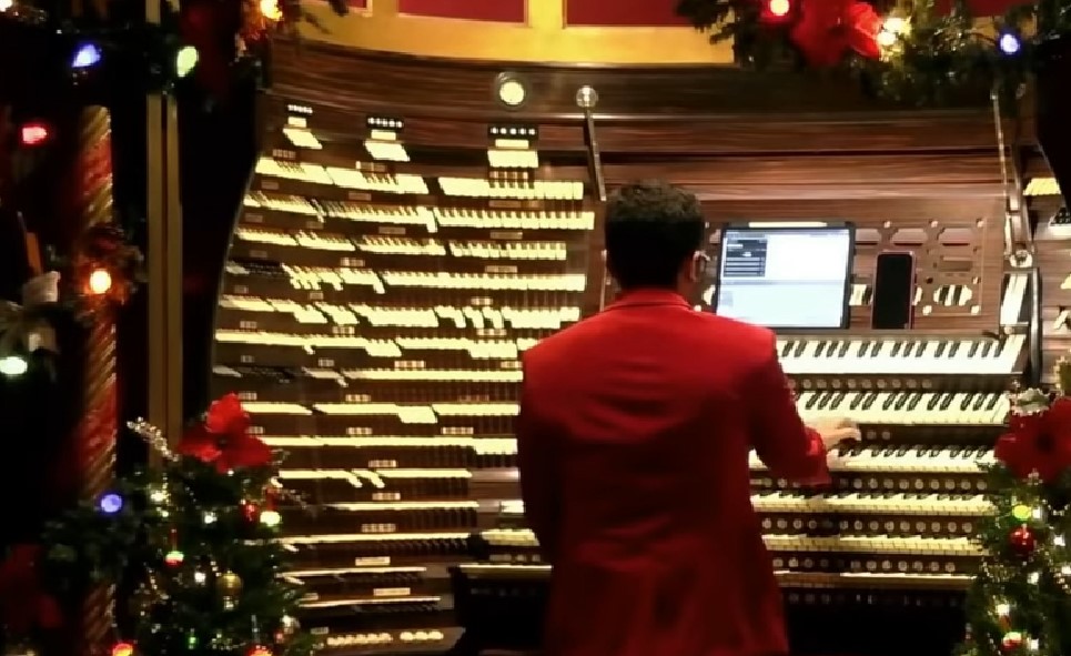 An organist plays Christmas music on the pipe organ at Jim Whelan Boardwalk Hall in Atlantic City, NJ
