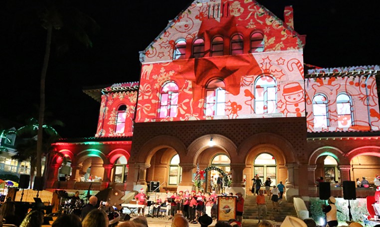 Key West Museum of Art and History decorated for Christmas for the Custom House Holiday Concert and Bazaar Christmas event in Key West, FL