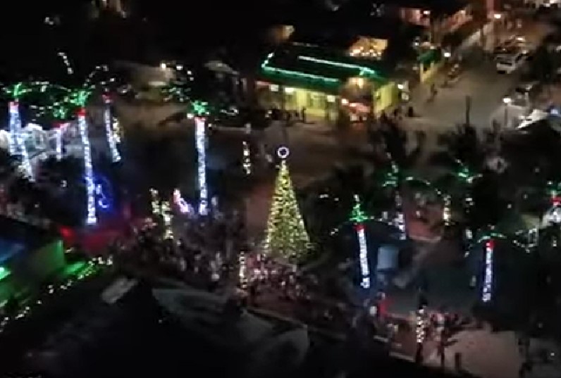 Aerial photo of Christmas lights at Key West Harborwalk of Lights at the historic seaport in Key West, Florida