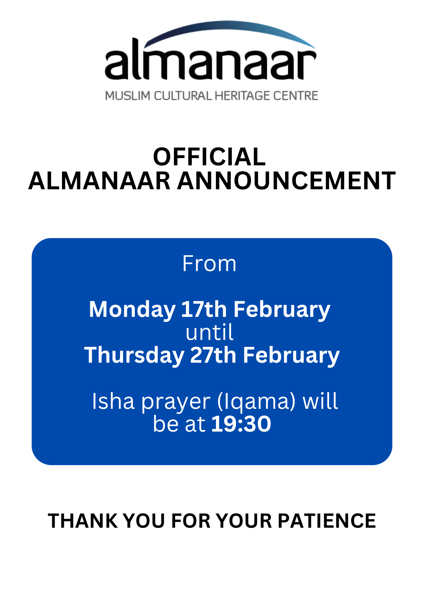 Isha Prayer Time Update 