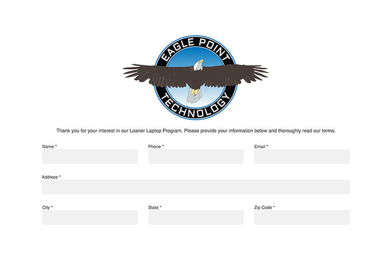 Eagle Point Technology's new loaner laptop program website.