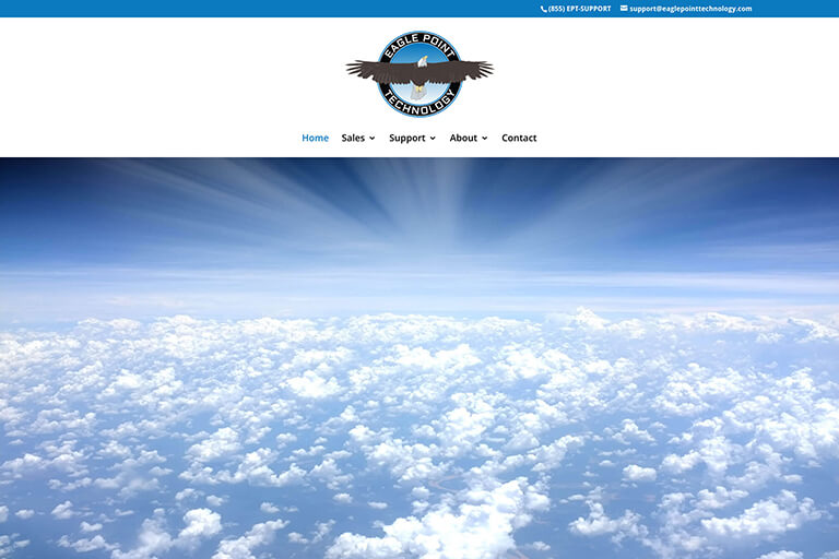 The redesigned Eagle Point Technology website features technology flying high above the sky.