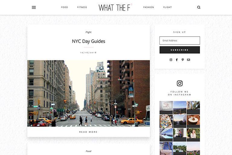 The redesigned What The F blog features food, fitness, fashion, and flight.