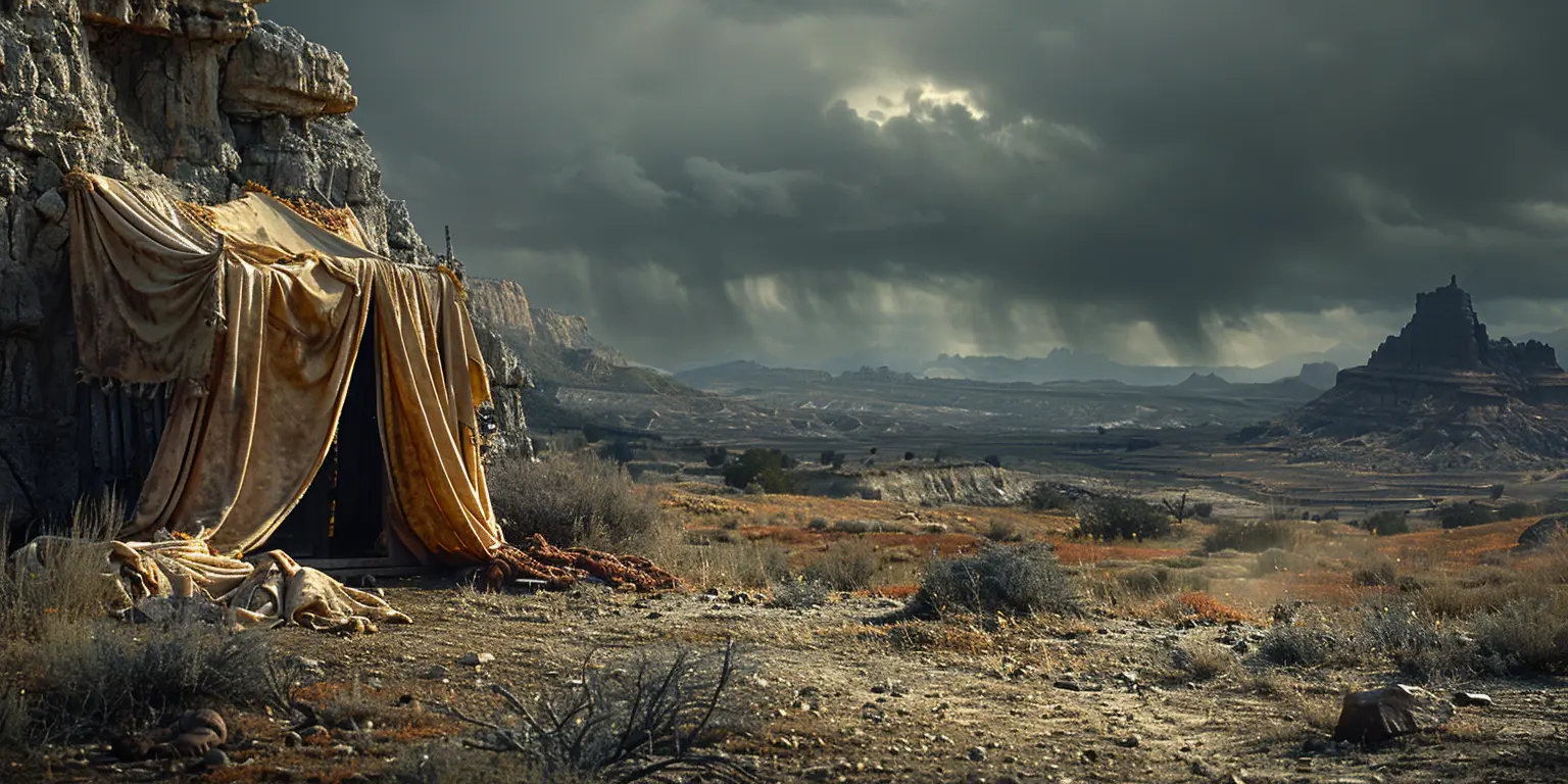 Rolling hills, towering buttes, arid landscape with a river snaking through the valley under scorching sun.<br>