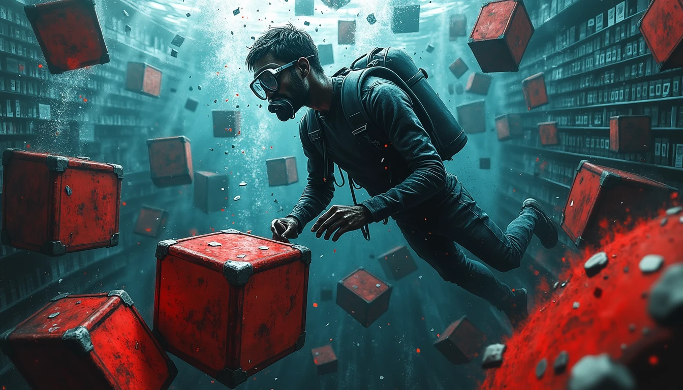 Diver fitting oversized data cubes into red submersibles in binary code ocean