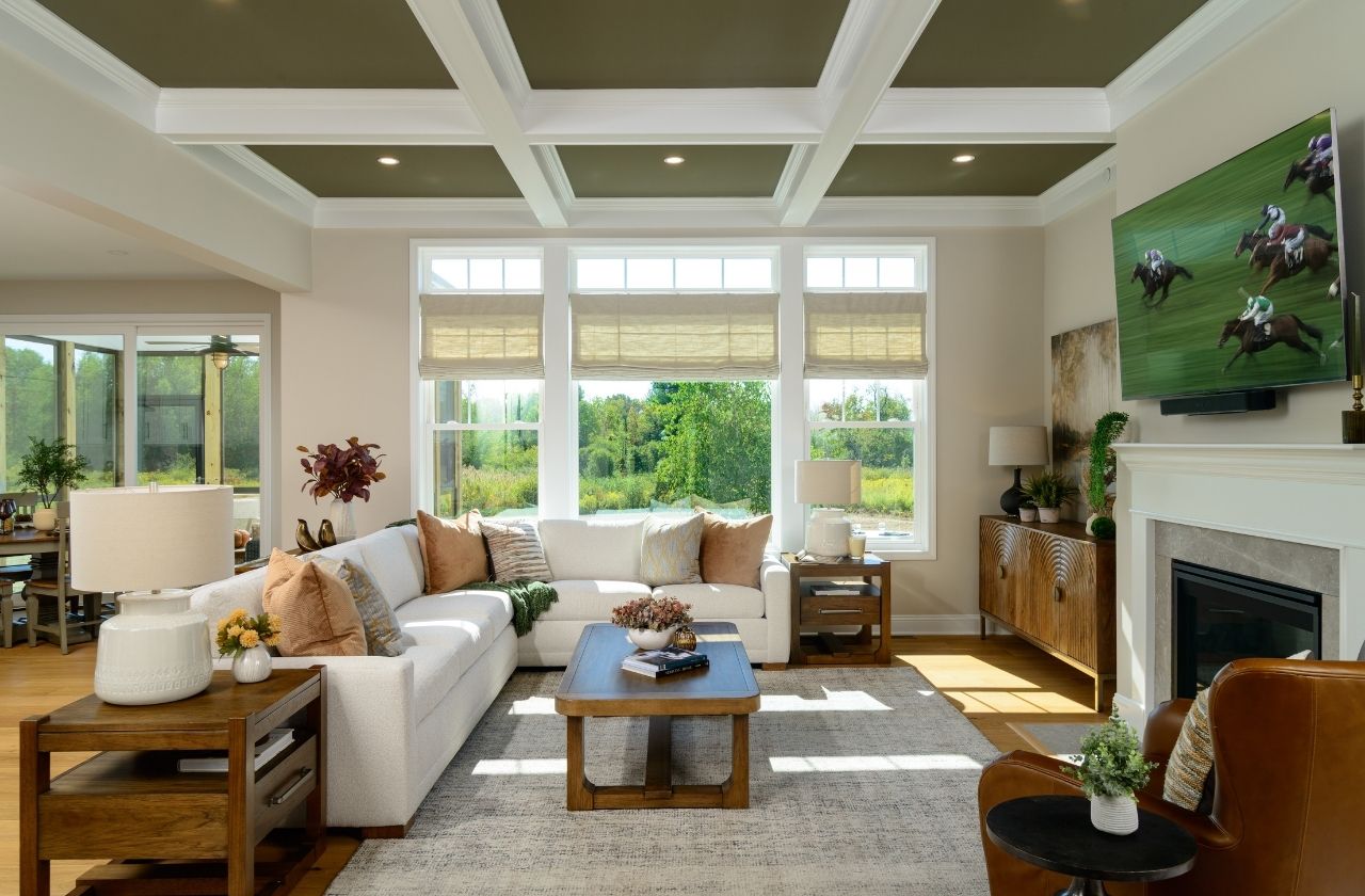 18 Dahlia Drive - Lincoln Ranch - Great room featuring a 10' coffered ceiling and large windows with transoms above for an abundance of light.