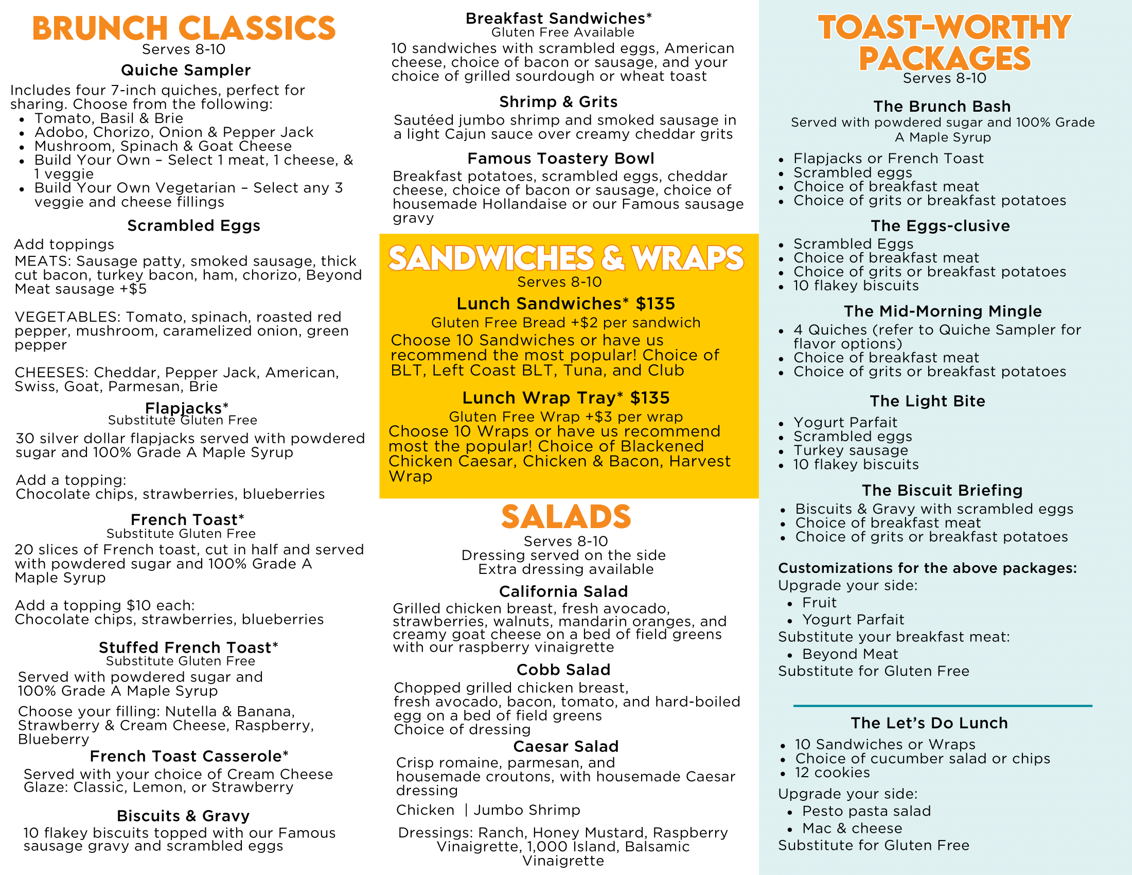 A menu for famous toastery has a picture of a sandwich and a salad on it