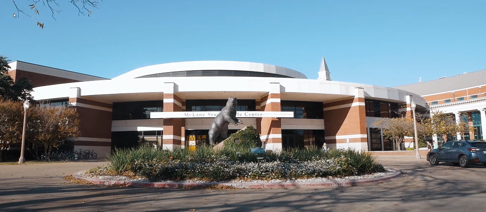 Baylor University Student Life Center with a bear statue in front in Waco, TX